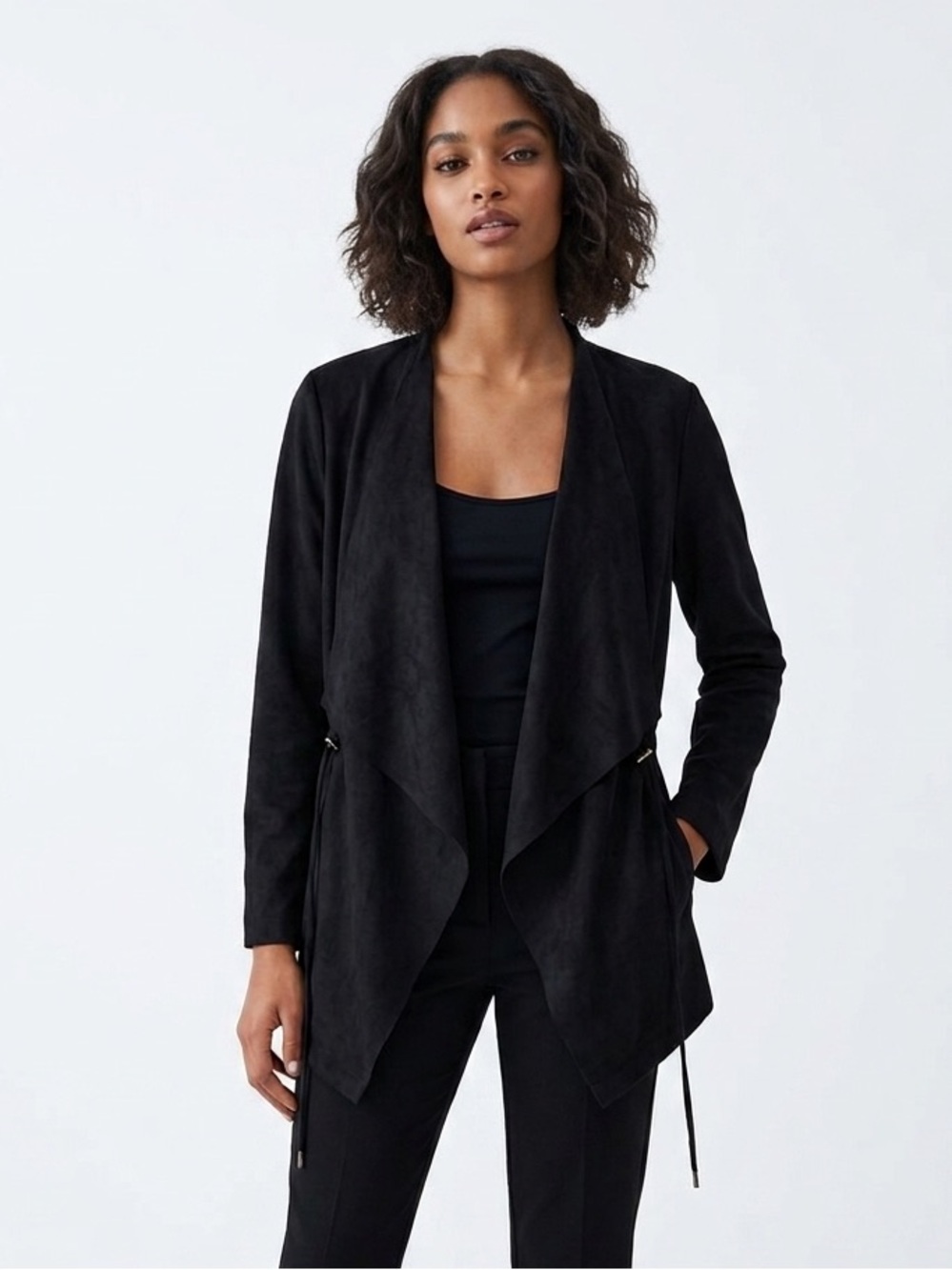Zara Faux Suede Waterfall Drape Front Jacket in Black Size Medium